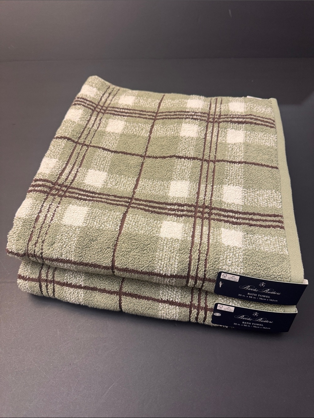 8pc BROOKS BROTHERS 100% Cotton Plaid Bath Towel Set - Sydney Plaid - Sage/Brown - Picture 7 of 13